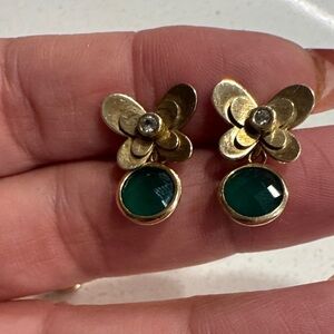 Gold Floral Drop Earrings with Emerald Green Cabochons